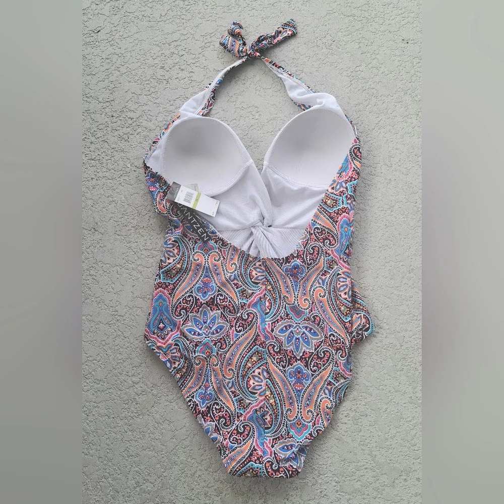 Jantzen Multicolor Paisley Halter One-Piece Swimsuit - Blue, Pink, Cream